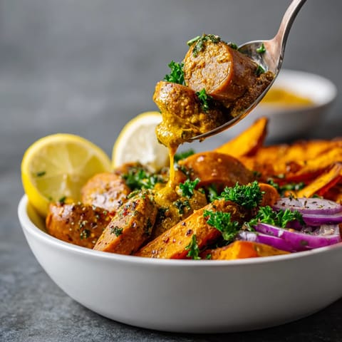 Ein Glow-Bowl mit einer Mischung aus Currywurst und Gemüse, darunter Karotten, Zwiebeln und Paprika.