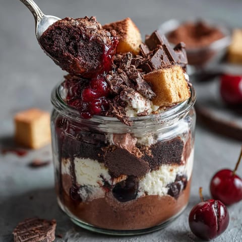 Ein Glas mit schwarzem Forst-Kaese-Kuchen, der mit Cherry-Kirschen und Schokolade garniert ist.