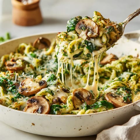Ein Skillet mit Spätzle, die mit Wild Garlic und Vegan Cheese-Pull zubereitet sind.