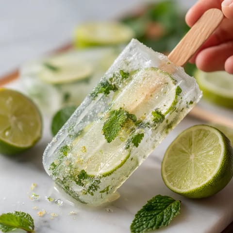 Ein Handgelenk hält einen Stab mit einem Popsicle, der mit Mint und Zitrusfrüchten gefüllt ist.