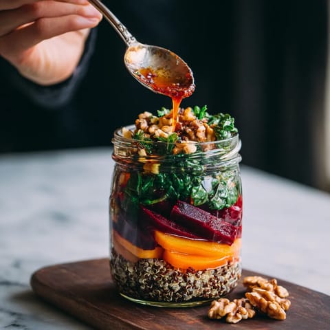 Ein Glas mit Quinoa Sauerbraten Meal-Prep Jars.