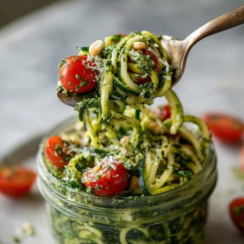 Eine Schüssel mit Zucchini-Nudeln und Pesto.