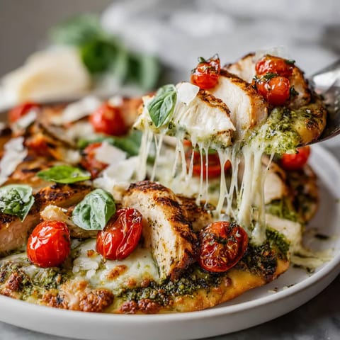 Eine Platte mit Grilled Pesto Chicken Flatbread, die mit verschiedenen Zutaten wie Tomaten, Basilikum und Mozzarella garniert ist.