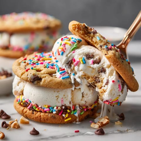 Zwei Sandwiches aus Eiscreme und Cookies, die aufeinander gestapelt sind.