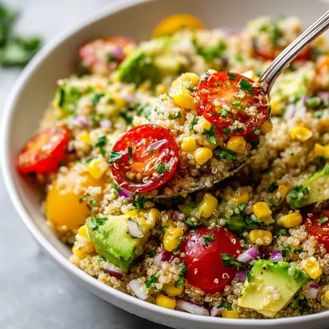 Ein weißer Becher mit einer Mischung aus Kartoffeln, Tomaten, Avocado und Quinoa.