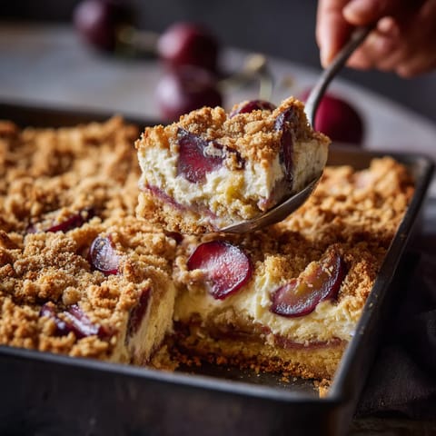 Ein Streuselkuchen mit Quark, der in einem Blech auf einem Tisch liegt.