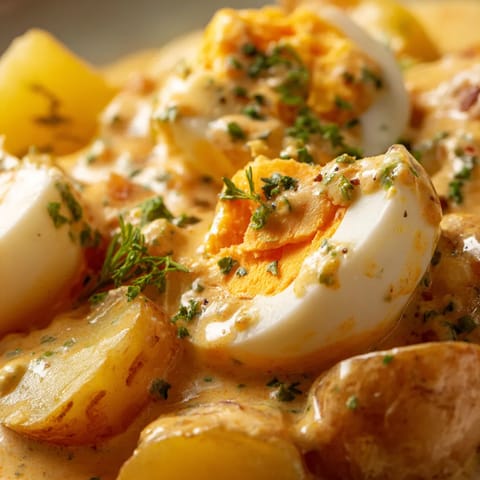 Eine Platte mit Saure Eiern und einer Sauce darüber.