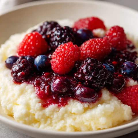 Eine Schüssel mit frischem Obst, darunter Raspberries, Blaubeeren und andere Früchte, die in einer cremigen Masse liegen.