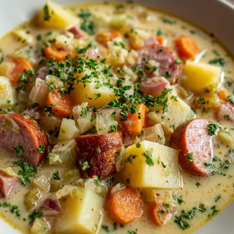 Eine Kartoffelsuppe, die wie bei Oma zubereitet wurde, mit vielen Kartoffeln und Zwiebeln.