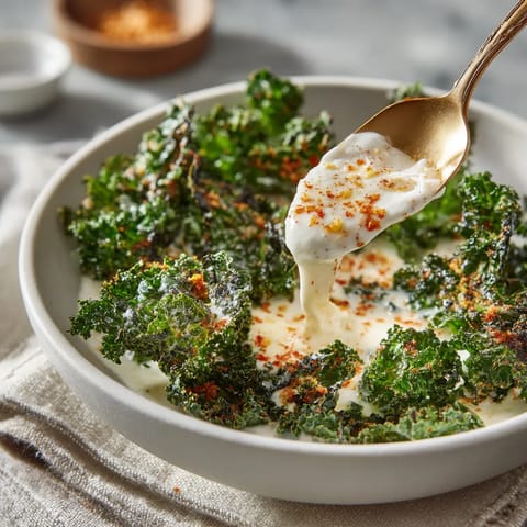 Ein weißer Teller mit grünen Kohl-Chips, die mit Karamellisierter Soße und Apfel-Honig-Dip garniert sind.