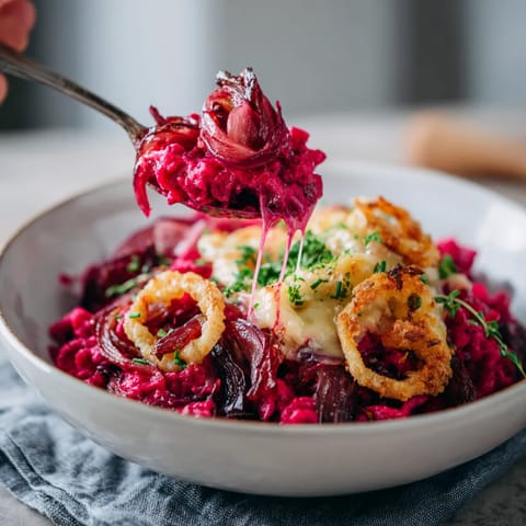 Ein weißer Teller mit roten-beten-kässpätzle und karamellisierten Zwiebeln.