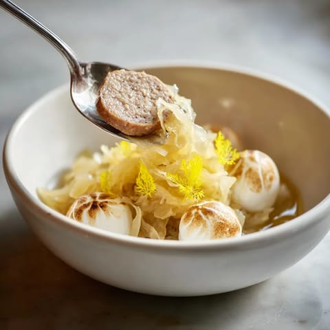 Ein weißer Teller mit einer Mischung aus Sauerkraut, Zwiebeln und Meringues.