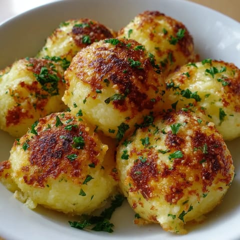 Ein weißer Teller mit Kartoffelklößen, die mit Knoblauchbutter und Parmesan-Kruste garniert sind.