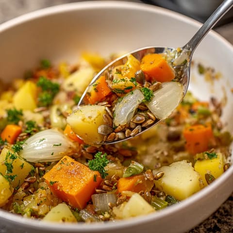 Ein weißer Teller mit einer Mischung aus Kürbis, gerösteten Sonnenblumenkernen und Pichelsteiner-Eintopf.
