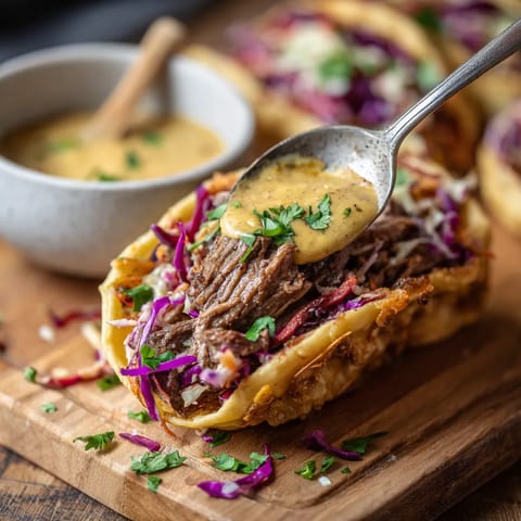 Ein Rinderrouladen-Taco mit Rotkohl-Slaw und Senf-Dip auf einem Teller.