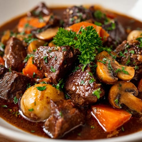 Ein Deftiger Gulasch mit Pilzen und Rotwein in einem weißen Teller.