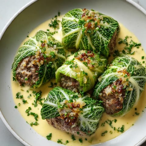 Ein Plate mit gegrilltem Wirsing-Rouladen in einer Senfsauce.