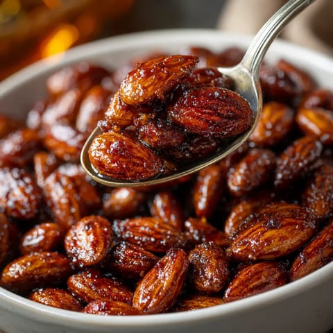 Ein weißer Teller mit gebrannten Mandeln, die in einem Glase mit Mandelsocker gegeben werden.