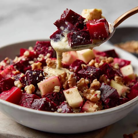 Ein Becher mit roter Bete-Salat, der mit Apfel, Walnüssen und Honig-Senf-Dressing garniert ist.