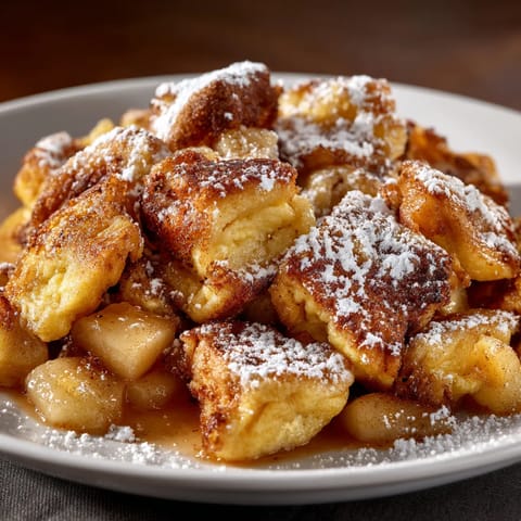 Eine Platte mit kaiserschmarrn, die mit Apfelkompott bestrichen ist.