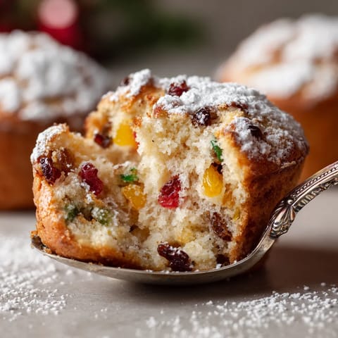 Ein Stück von einem Christstollen-Muffin mit Marzipan.