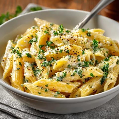 Ein weißer Teller mit Pasta, Knoblauch und Käse.