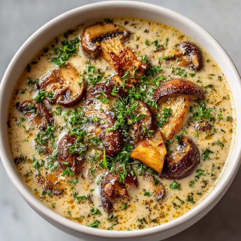A bowl of soup with mushrooms and herbs.