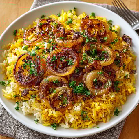 A bowl of rice with onions and herbs.