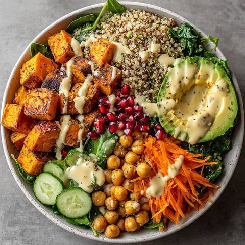 A bowl of food with a variety of ingredients including carrots, cucumbers, and avocado.