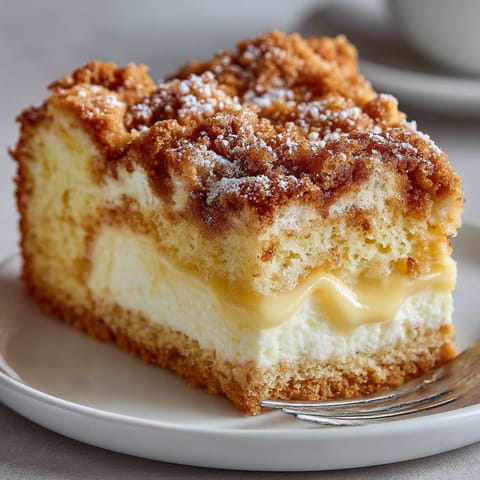 A slice of cake with powdered sugar on it.