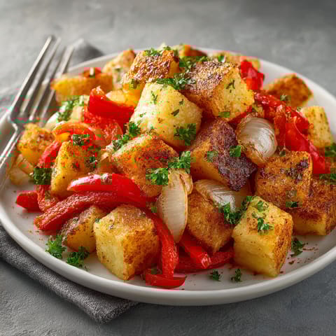 A plate of food with onions and peppers.