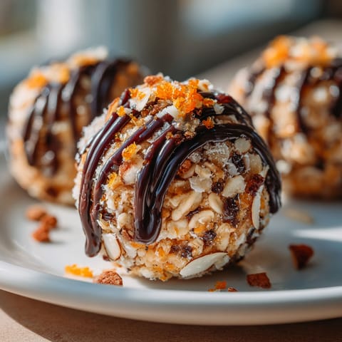 Three energy balls with dark chocolate drizzle.