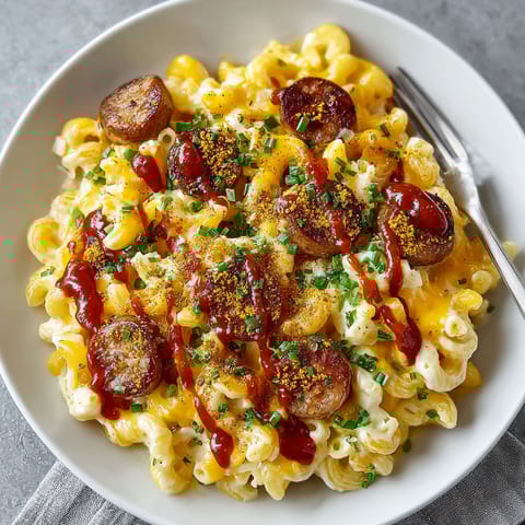 A plate of currywurst mac and cheese.