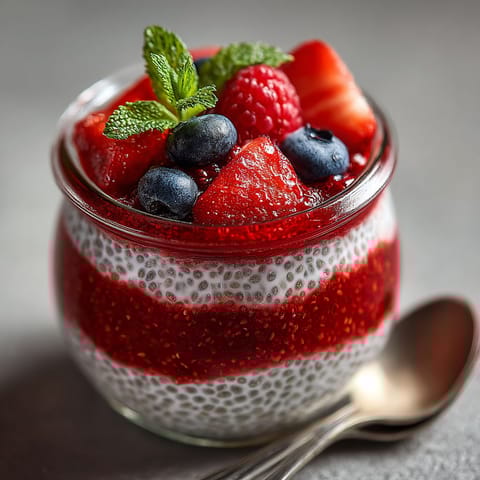 A glass of red jello with strawberries and blueberries.