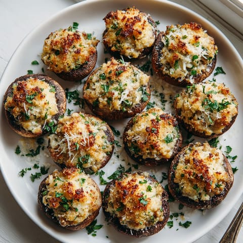 A plate of mushrooms with cheese and herbs.
