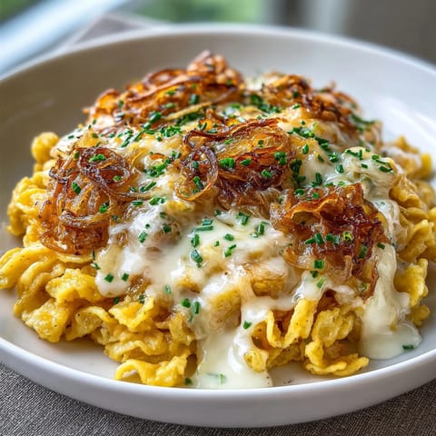 Käsespätzle recipe: Stringy melted cheese pulls clinging to tender egg noodles, a comforting vegetarian dish.