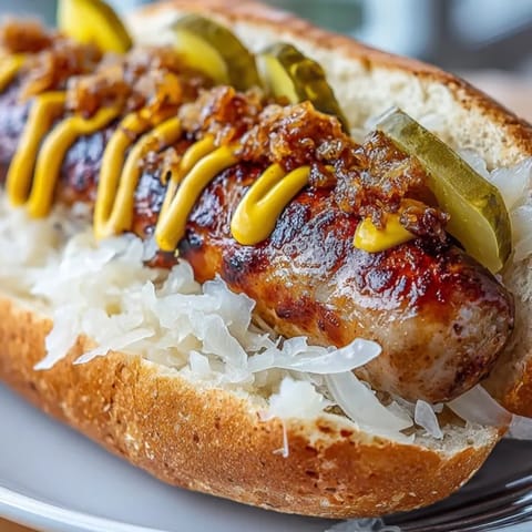 Goldbraune, einfache gegrillte Bratwurst, perfekt für ein schnelles, deftiges Sommeressen.