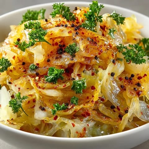 Nahaufnahme von Sautéed Sauerkraut Fast mit Zwiebeln, ein herzhaftes, dampfendes, veganes Gericht.