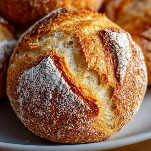 Nahaufnahme fluffiger German Bread Rolls, bestäubt mit Mehl und bereit für Butter.