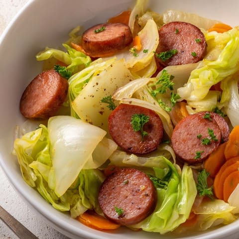 Wunderbar duftende Sausage & Cabbage Skillet mit zartem Kohl und gebräunter Wurst, rustikal und einladend.