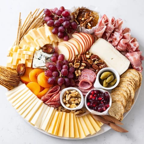 Üppige Herbstliche Käse- & Wurstplatte Rezeptfoto mit verschiedenen Käsesorten, Fleisch, Früchten, Honig.