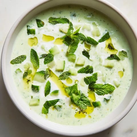 Erfrischende, kalte Gurken-, Minz- und griechische Joghurtsuppe, ein wohltuendes Gericht mit säuerlichem Joghurt, ideal als Vorspeise.