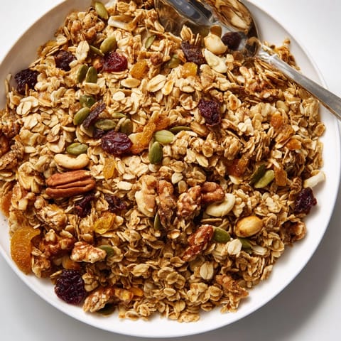 Goldbraunes, duftendes Müsli mit Nüssen und Samen, verfeinert mit regionalem Honig, servierbereit.