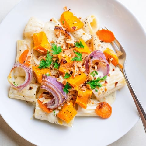Geröstetes Wintergemüse vermischt sich mit Nudeln in cremiger Mandelkäsesauce, ein komplettes Wintergemüse-Pasta-Rezept.