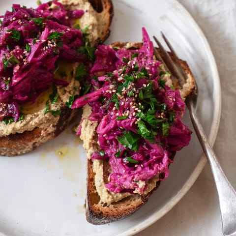 Pickled Red Cabbage Hummus Toasts