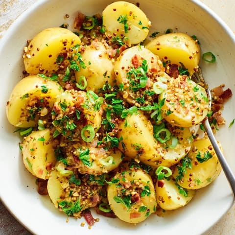 Zarter, warm servierter Kartoffelsalat mit Speck und aromatischem Senf-Dressing.  