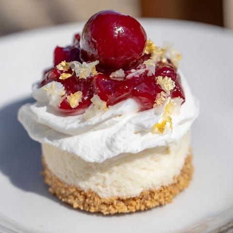 Close-up of elegant Kirsch-Rococo No-Bake Mini Cheesecakes, showcasing creamy filling and a rich cookie crust.