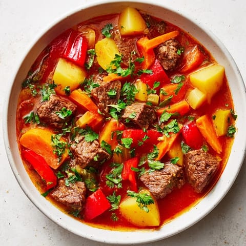 A steaming bowl of Goulash Soup; imagine the rich aroma of paprika and hearty beef.