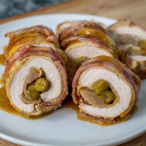 A close-up of fully cooked Quick Chicken Rouladen Rolls, sliced revealing the delicious fillings and savory sauce.