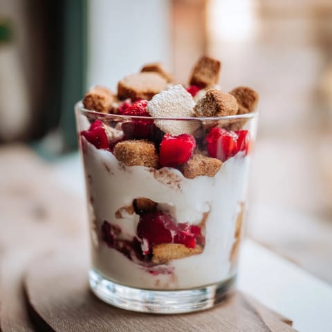 This refreshing Budget Butterkekse Crumble dessert features layers of yogurt, crushed cookies, plus juicy, fresh fruit.